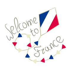Welcome to France. Kite in the colors of the French tricolor. Hand drawn Vector illustration for a festive or holiday decoration.