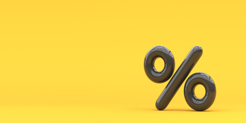 Black percentage on a yellow background. 3d render illustration.