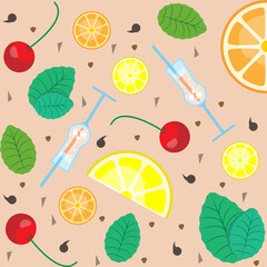 Seamless pattern with a glass of juice, leaves, a cherry, lemon and orange slices on a soft pink background