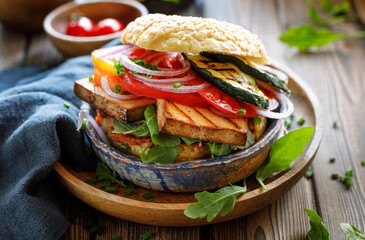 Bagel burger with addition grilled tofu cheese and vegetables and herbs, close up view. Concept of healthy vegan eating