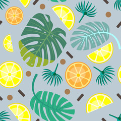 Fototapeta na wymiar Seamless pattern with a monstera, orange and lemon slices on a light gray-blue background