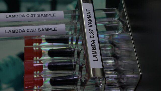 Lambda C37 Variant Test Tubes Being Removed From Rack. Vertical Video, Locked Off