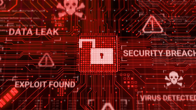 Hacker attack computer hardware microchip while process data through internet network, 3d rendering insecure Cyber Security exploit database breach concept, virus malware unlock warning screen