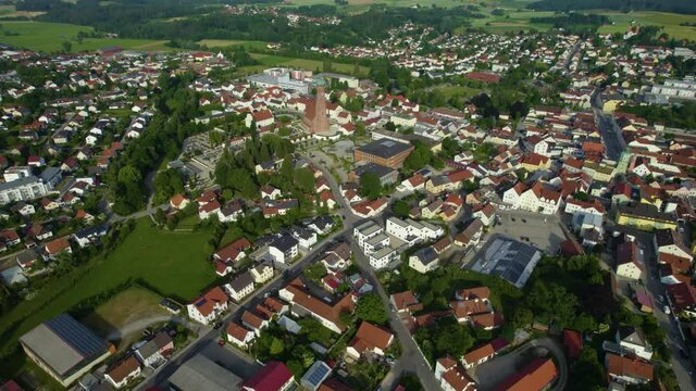 Aerial view around the city Vilsbiburg in Germany., Bavaria on a sunny afternoon in spring.