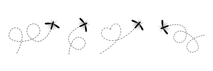 Fototapeta Mosquito icon set. Mosquitoes flying on dotted route collection. Black insect silhouettes. Vector illustration isolated on white background obraz
