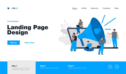 Cartoon tiny managers with giant loudspeaker and laptop. Flat vector illustration. Young people doing business and marketing, attracting customers, promoting goods. Advertisement, marketing concept