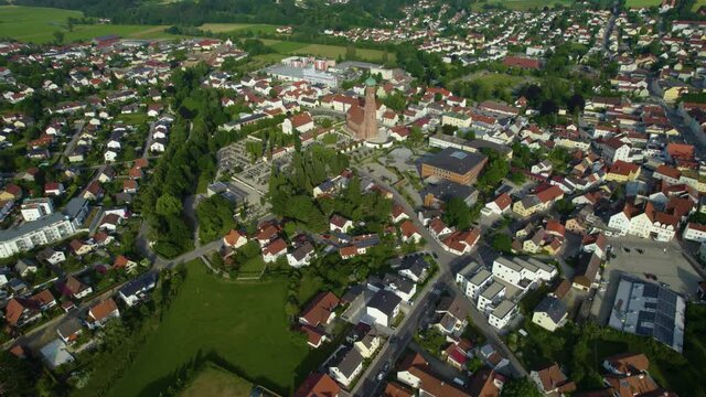 Aerial view around the city Vilsbiburg in Germany., Bavaria on a sunny afternoon in spring.