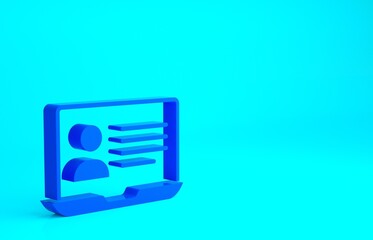 Blue Online class icon isolated on blue background. Online education concept. Minimalism concept. 3d illustration 3D render
