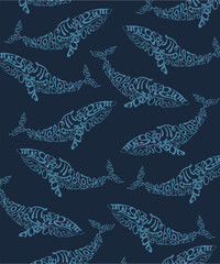 Beautiful raster pattern with blue humpback whale. Background with decorative for textiles, wrappers, fabrics, clothing, covers, paper, printing, scrapbooking. Blue humpback whale