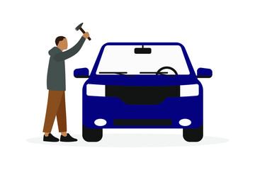 Male character with hammer in hand near car on white background