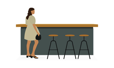 Bar table with chairs and a young female character in a beautiful dress and with a handbag in her hand on a white background