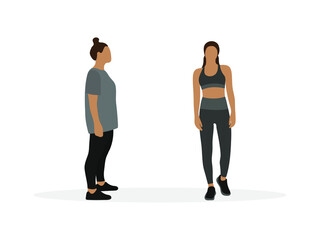 Fat female character and slim female character in sportswear together on a white background