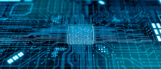 Abstract futuristic central processing unit or Microchip inside computer motherboard, 3d rendering modern Quantum Computing processor, CPU hardware engineering technology concept