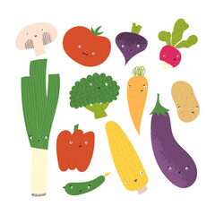 Cute vegetables with funny faces. Hand drawn flat healthy food with different emotions. Carrot, tomato, broccoli, eggplant, pepper characters.