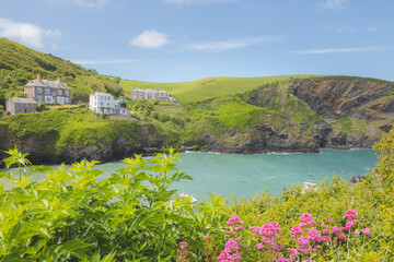 Quaint, picturesque, seaside village of Port Isaac on a sunny summer day in North Cornwall,...