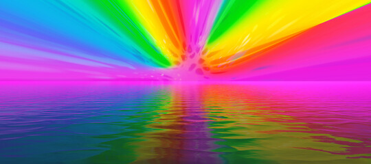 colorful vivid rainbow sky reflecting over calm ocean water surface
