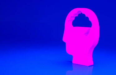 Pink Human brain icon isolated on blue background. Minimalism concept. 3d illustration 3D render