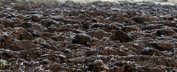 Plowed field with clear furrows. Frosty field covered with frost