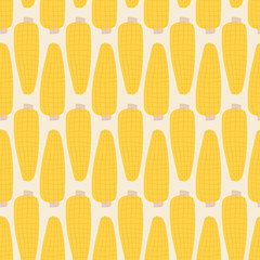 Corn pattern. Flat hand drawn vegetable seamless print for market, cafe or kitchen. Fresh veggies, juicy fall maize texture.