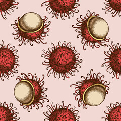 Seamless pattern with hand drawn colored rambutan