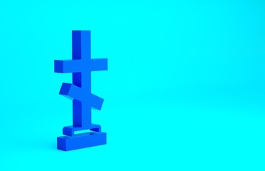 Blue Grave with cross icon isolated on blue background. Minimalism concept. 3d illustration 3D render