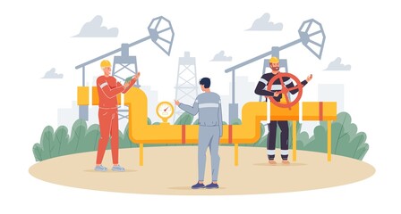 Naklejka na ściany i meble Vector cartoon flat industrial worker characters at petroleum production work.Oil workers building new pipeline-petroleum exploration,extraction,refining,web online site banner ad concept