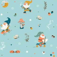 Fototapeta premium Cute Garden Gnomes Scandinavian Seamless pattern. Fairytale Background