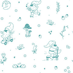 Cute Garden Gnomes Scandinavian Seamless pattern. Fairytale Background for kids. Outline drawing