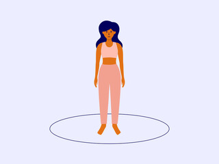 Personal boundaries, area or space concept. Isolated female standing inside drawn circle. Self isolation, dividing line. Separate single woman vector illustration. Social distance, border. Locked girl