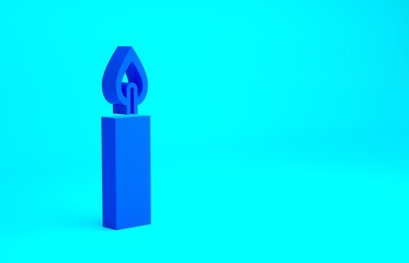 Blue Burning candle icon isolated on blue background. Cylindrical candle stick with burning flame. Minimalism concept. 3d illustration 3D render
