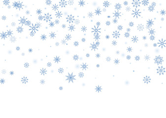 Blue delicate openwork snowflakes scatter on a white background. Festive background, postcard design, wallpaper