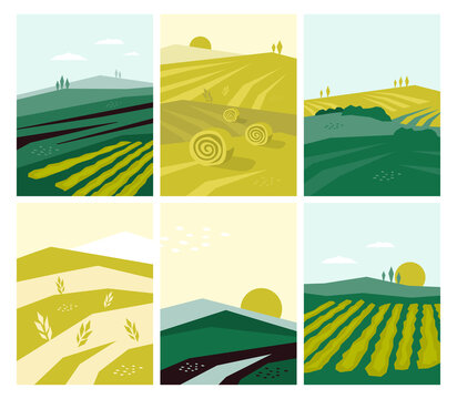 Set of vector agriculture posters with farm land, nature scenery, agri landscape. Agricultural field, farming pasture illustration. Banners with summer rural scene, autumn harvest. Abstract background