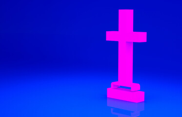 Obraz premium Pink Grave with cross icon isolated on blue background. Minimalism concept. 3d illustration 3D render