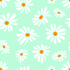 Wild chamomile flowers. Seamless summer pattern with beautiful flowers on a heavenly blue background. For printing on fabrics, textiles, paper, interior design. Vector graphics.