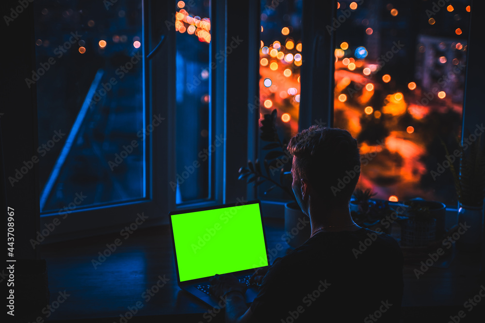 Wall mural a laptop with an empty green screen on a wooden table at night with a view of the city with colored 