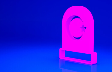 Pink Muslim cemetery icon isolated on blue background. Islamic gravestone. Minimalism concept. 3d illustration 3D render