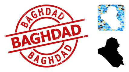 Weather mosaic map of Iraq, and distress red round Baghdad stamp seal. Geographic vector mosaic map of Iraq is constructed as stencil from rounded square and randomized rain, cloud, sun,