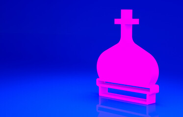 Pink Christian church tower icon isolated on blue background. Religion of church. Minimalism concept. 3d illustration 3D render