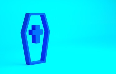 Obraz premium Blue Coffin with christian cross icon isolated on blue background. Happy Halloween party. Minimalism concept. 3d illustration 3D render