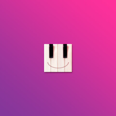 Creative emoticon made of piano keys isolated on vibrant, bold, pink purple gradient background....