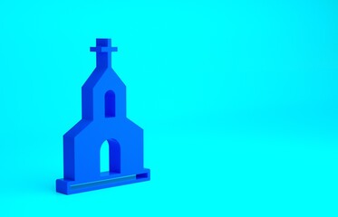 Blue Church building icon isolated on blue background. Christian Church. Religion of church. Minimalism concept. 3d illustration 3D render