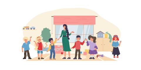 Fototapeta premium Vector cartoon flat kid characters and teacher happy greeting each other in kindergarten - various poses,pre-school education,social communication and friendship concept