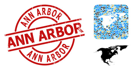 Climate pattern map of North America and Greenland, and grunge red round Ann Arbor stamp.