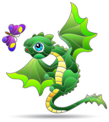 An illustration in the style of a stained glass window with a cute cartoon dragon, the animal is isolated on a white background
