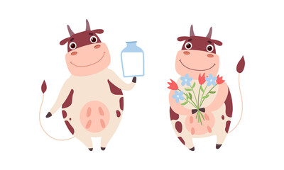 Cute Cow Characters Set, Adorable Farm Animal Drinking Milk and Holding Bouquet of Flowers Cartoon Vector Illustration