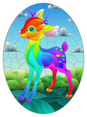 Illustration in stained glass style with a rainbow fawn on the background of green meadows, mountains and cloudy sky, oval image