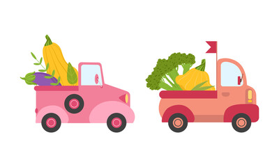 Cute Cars Delivering Vegetables, Small Trucks Shipping Zucchini, Eggplant, Broccoli Fresh Vegetables Cartoon Vector Illustration