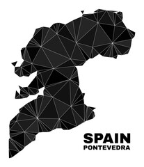 Low-poly Pontevedra Province map. Polygonal Pontevedra Province map vector is designed with chaotic triangles. Triangulated Pontevedra Province map polygonal collage for patriotic posters.
