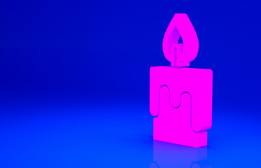 Pink Burning candle icon isolated on blue background. Cylindrical candle stick with burning flame. Minimalism concept. 3d illustration 3D render