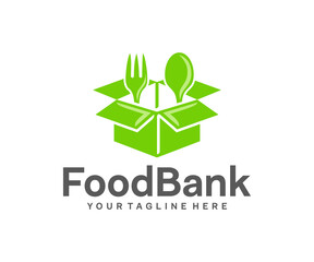 Grocery box, food, fork and spoon, logo design. Food bank, charitable foundation and organizations, vector design and illustration